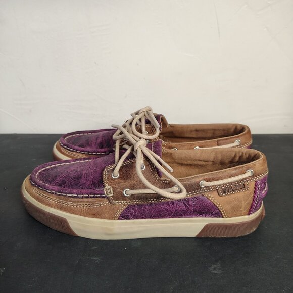 Durango Loafers Boat Shoes Women's Size 9 Medium Brown Purple Tooled Leather - Picture 5 of 10